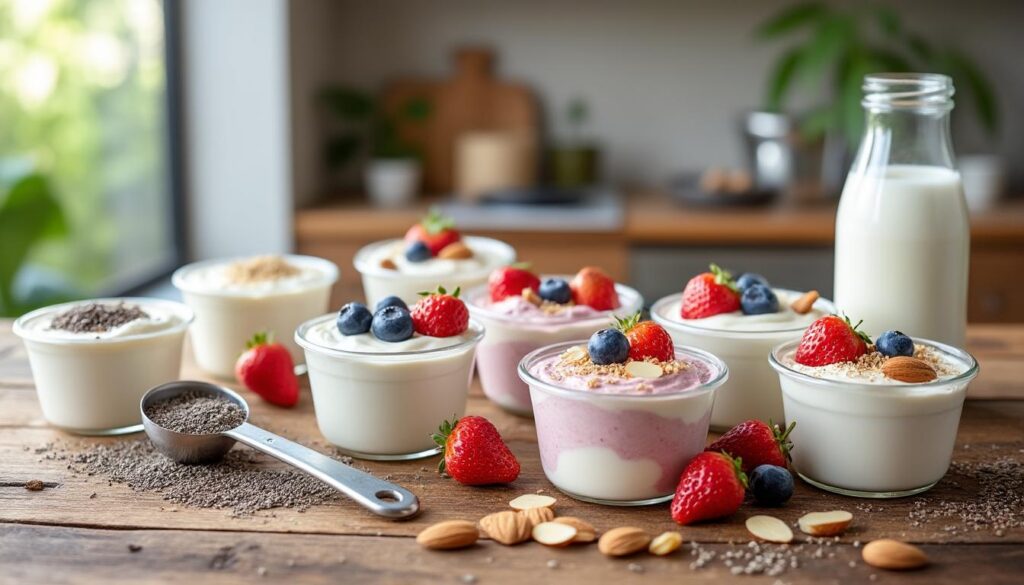 Pots de yaourt protéiné, skyr et yaourt grec dans une cuisine