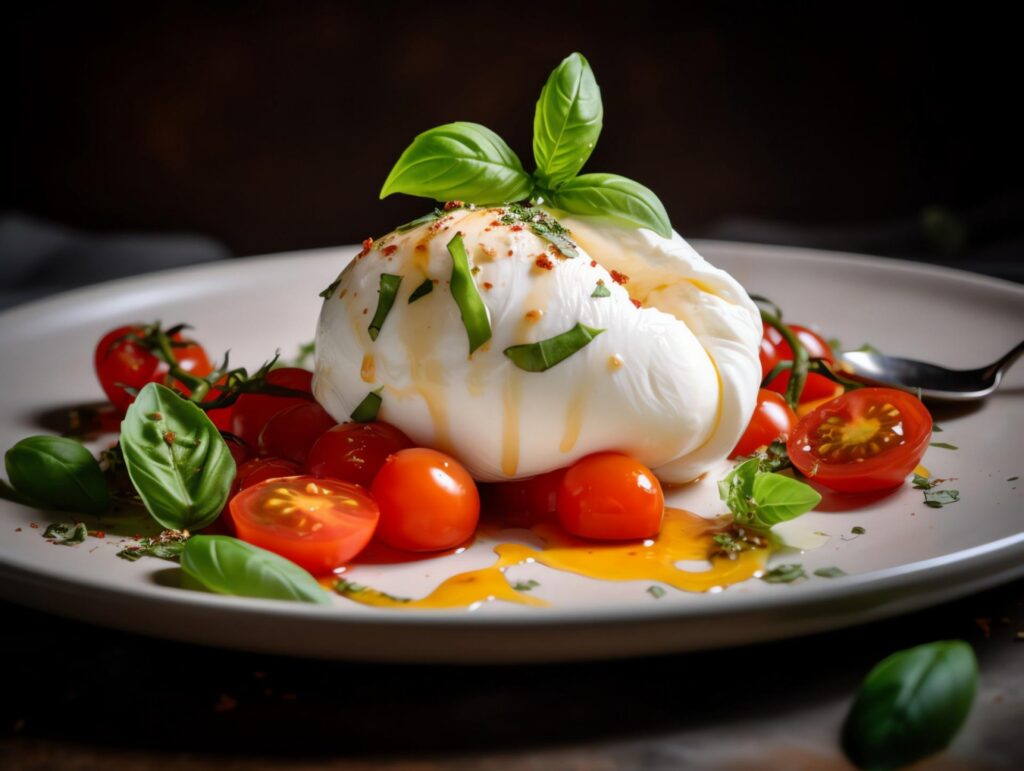 Burratina ouverte dans une assiette avec tomates et basilic