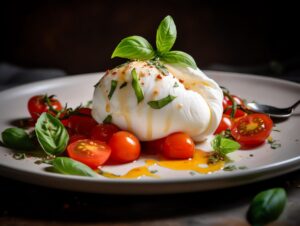 Burratina ouverte dans une assiette avec tomates et basilic
