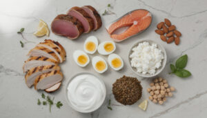 Assortiment d'aliments riches en protéines : œufs, fromages, poisson, lentilles, pois chiches et amandes