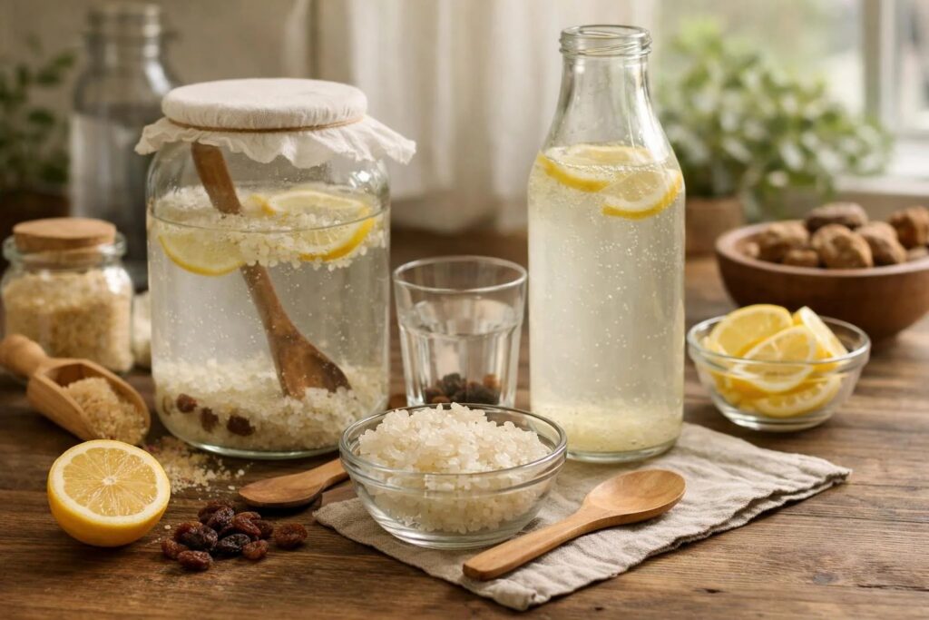 Grains de kéfir de l'eau dans un bocal en verre avec des tranches de citron et des figues sèches