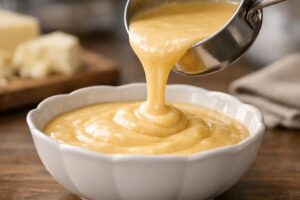 Sauce fromage onctueuse dans une casserole avec un fouet